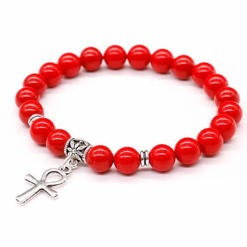 Bracelet Perle Blanche Egypte - 19cm / Rouge